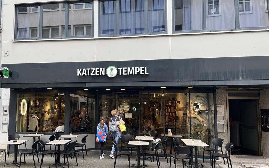 Customers enter the Katzentempel cat café in Trier, Germany, on June 8, 2024.