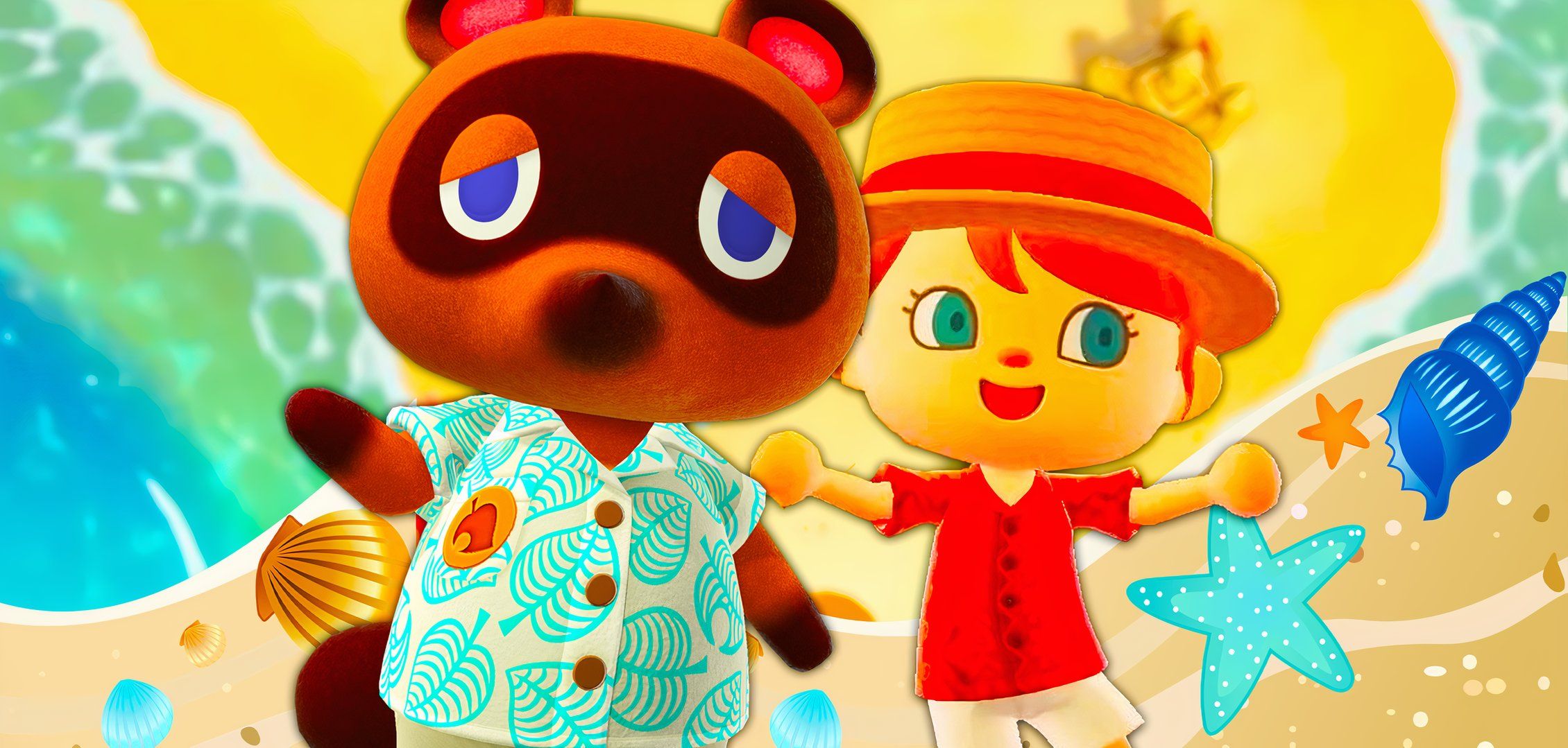 Tom Nook and Animal Crossing New Horizons player on a sunny beach and ocean background in Animal Crossing New Horizons